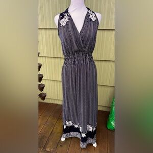 Striped Navy Floral-Trim Maxi Dress - Unbranded